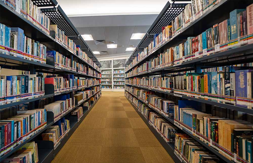 Library shelves on either side of a walkway