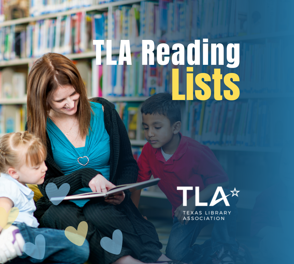 TLA Reading Lists text with female librarian reading to a young boy and girl