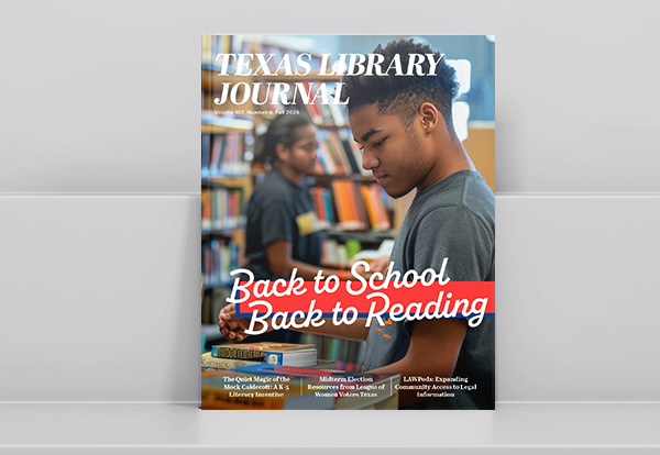 TLA Texas Library Journal Fall 2026 featuring two students in a library, including a boy in the foreground and a girl in the background.