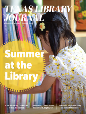 TLA Texas Library Journal Summer-2026 Cover with child looking at library books and Summer at the Library text in a yellow sunburst