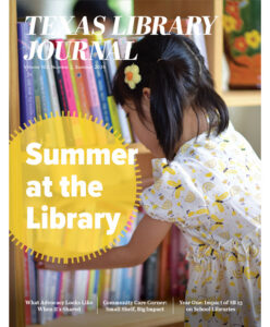 TLA Texas Library Journal Summer-2026 Cover with child looking at library books and Summer at the Library text in a yellow sunburst