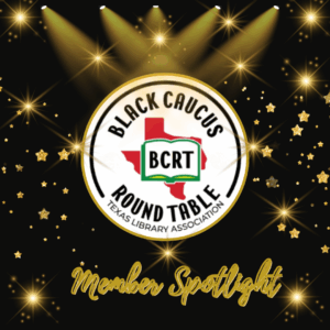 decorative image featuring the Black Caucus Rount Table logo centered underneath spotlights and sparkles and hovering over the words member spotlight