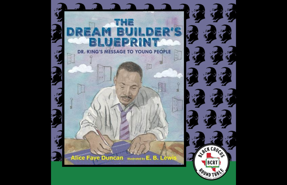 decorative image of the cover of The Dream Builder's Bluebrint with a hand drawing of Dr. Martin Luther King, Jr. working at a desk. The book cover is seated on a base of green with the BCRT logo in the lower right corner. The book cover is surrounded by minature silhouttes of Dr. King's profile.